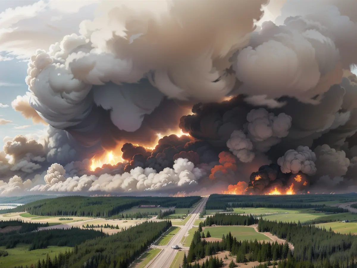 Am Freitag steigt Rauch von einem Feuer in der Nähe von Indian Cabins in Alberta, Kanada, auf. Das Feuer war 2023 in den Nordwest-Territorien entstanden, flammte aber in den letzten Tagen aufgrund starker Winde wieder auf und brannte in Richtung Süden nach Alberta.