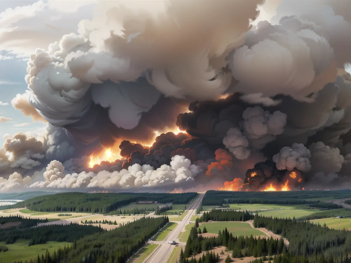 Smoke rises from a fire near Indian Cabins, Alberta, Canada, on Friday. This fire originated from the Northwest Territories in 2023 but flared up again in recent days due to strong winds and burned south into Alberta.