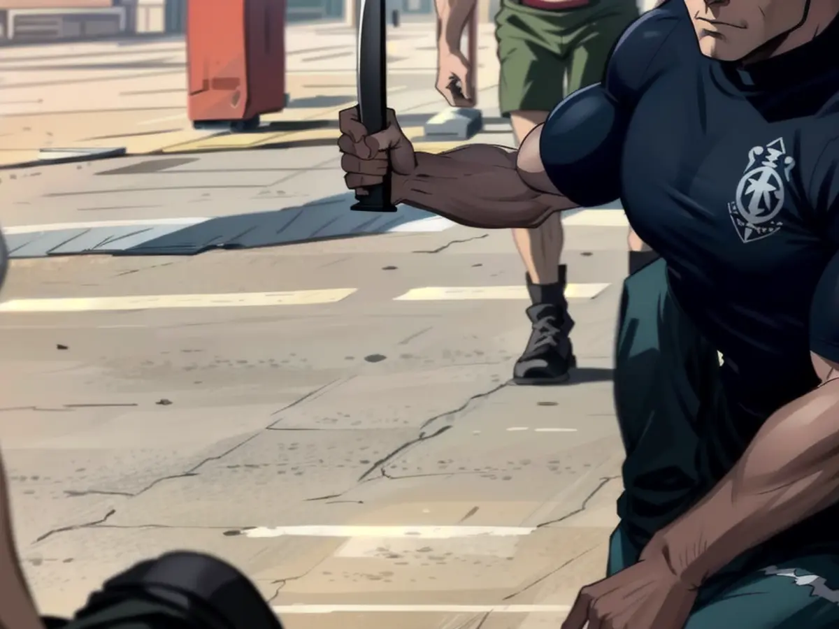 Une scène particulièrement brutale de la vidéo d'une minute et demie : L'adversaire est accroupi dans la rue (à gauche), l'homme en T-shirt noir le frappe avec le côté émoussé de la machette.