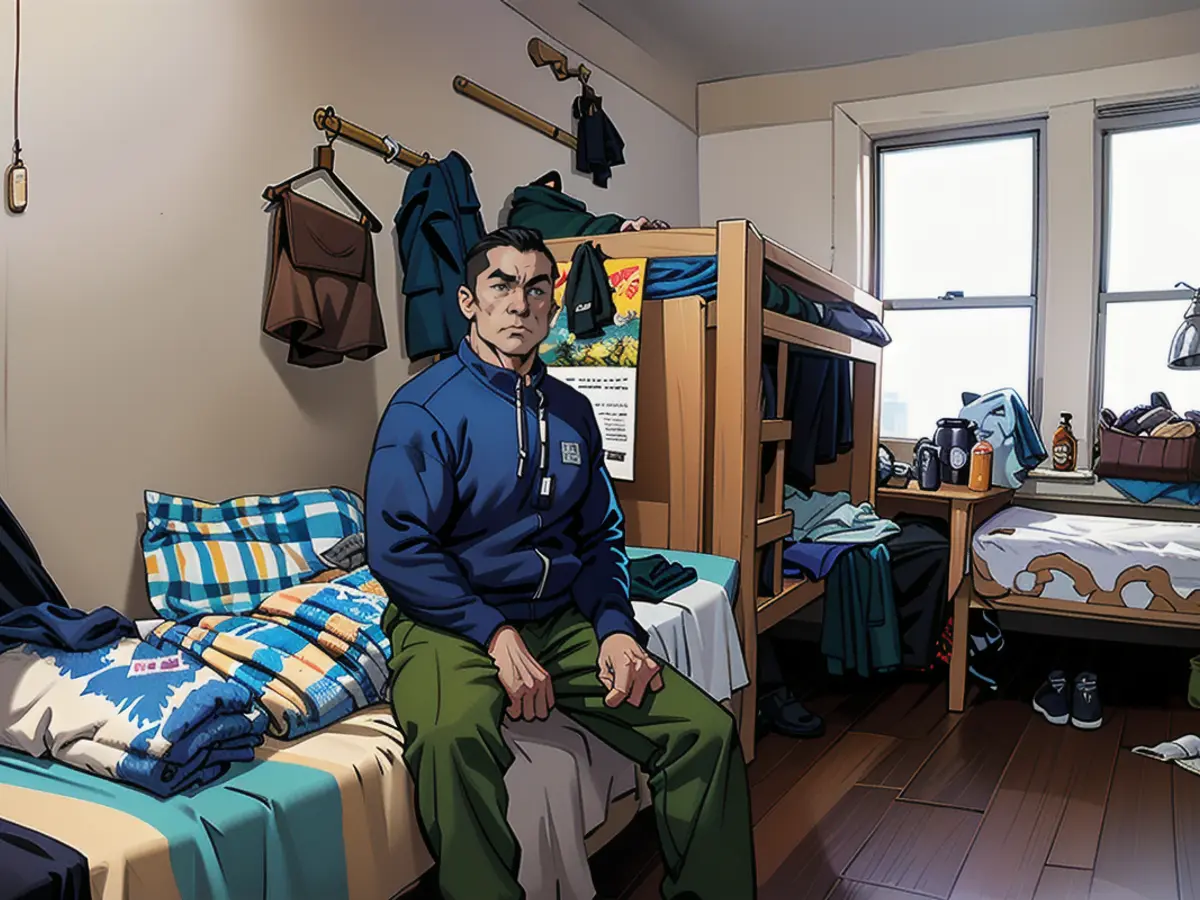 Li Jiada sits on his bed in a room he shares with five other men in Flushing, Queens.