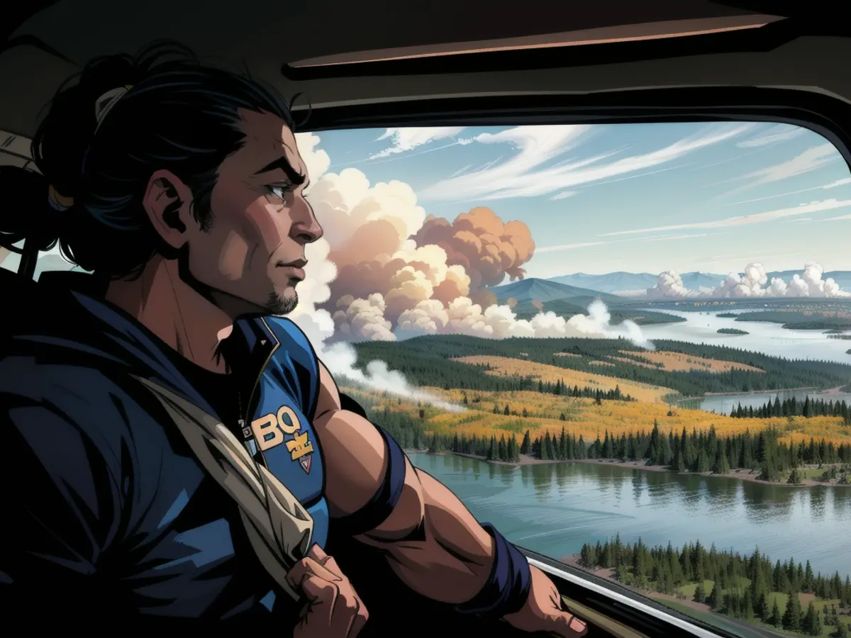 Manitoba Premier Wab Kinew surveys wildfires burning in northern Manitoba on May 14, 2024.