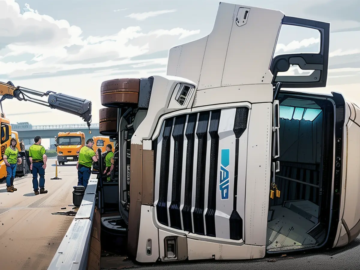 La semi-remorque a basculé sur le côté sur le chantier de construction de l'autoroute.