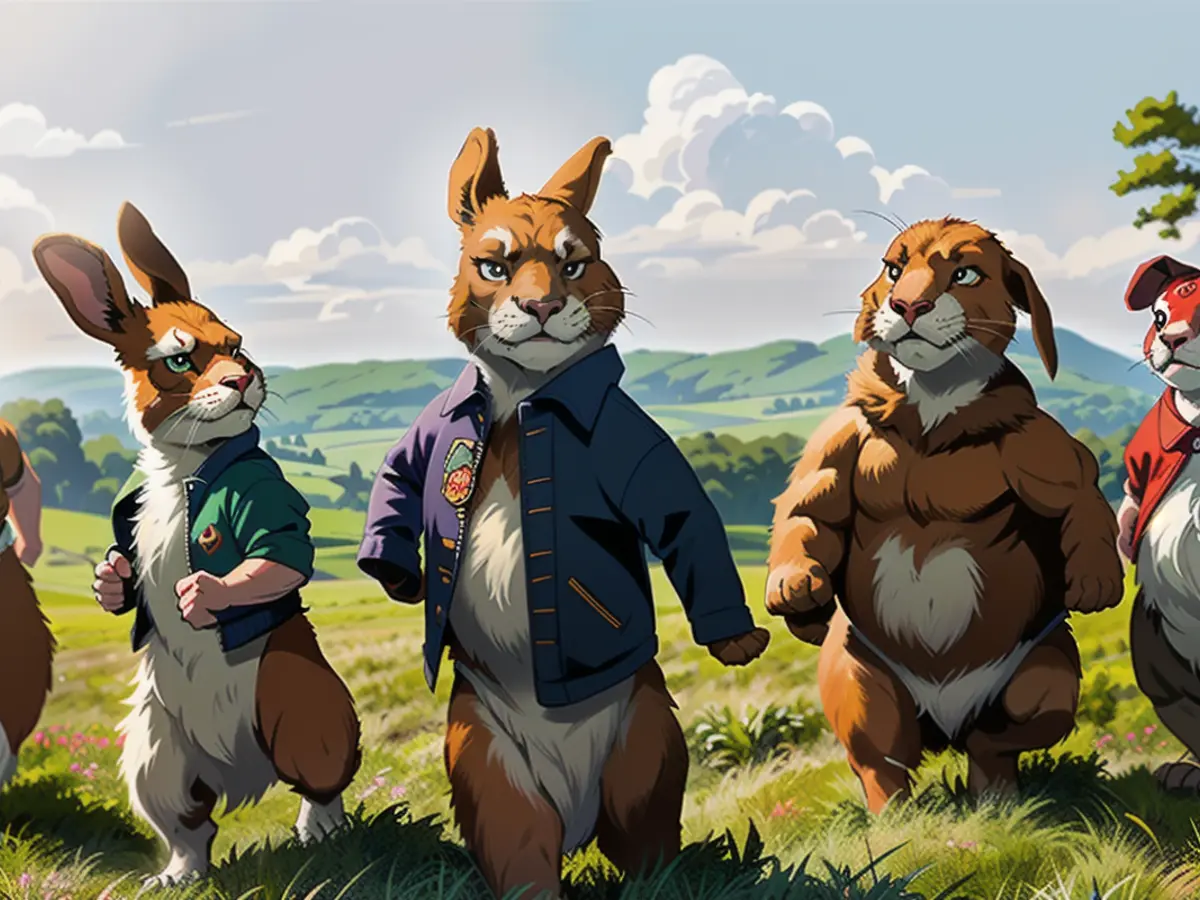 Peter Rabbit (center) with his sisters Mopsy (left), Wuschelpuschel (green jacket) and Flopsy (red jacket). Wearing the brown jacket is his cousin Benjamin