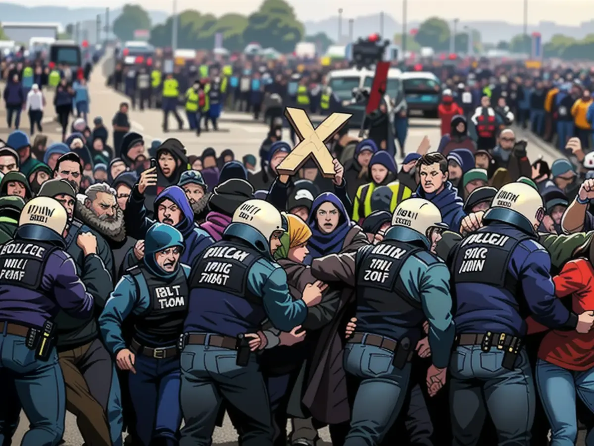 January 2023: Climate protesters are pushed back by police during demonstrations in Lützerath
