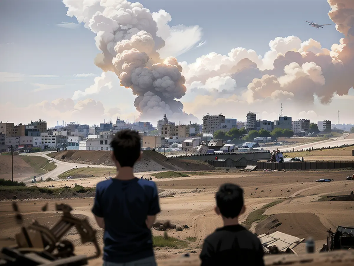 Boys watch smoke billowing during Israeli strikes east of Rafah, in the southern Gaza Strip on Monday.