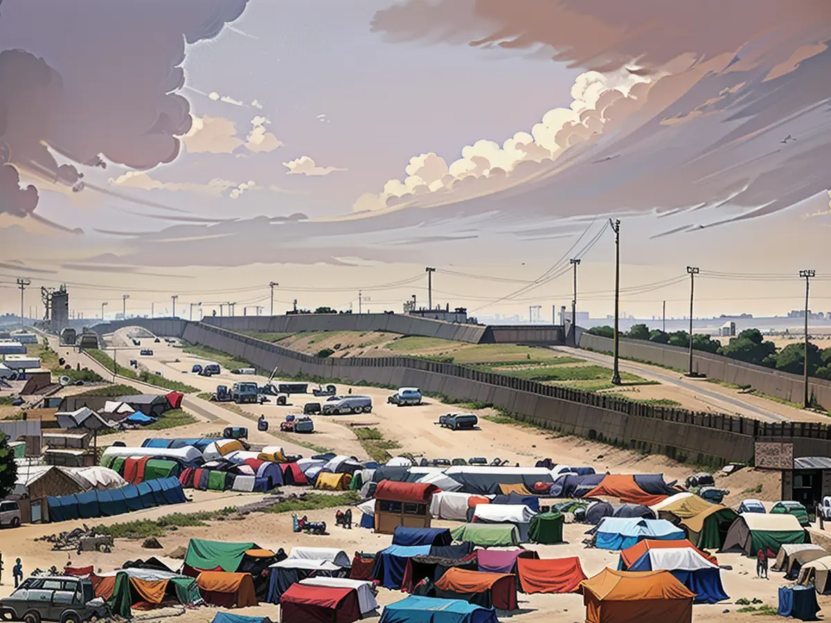 Palestinians displaced by the Israeli air and ground offensive on the Gaza Strip walk through a makeshift tent camp in Rafah on the border with Egypt, in Gaza on May 10.