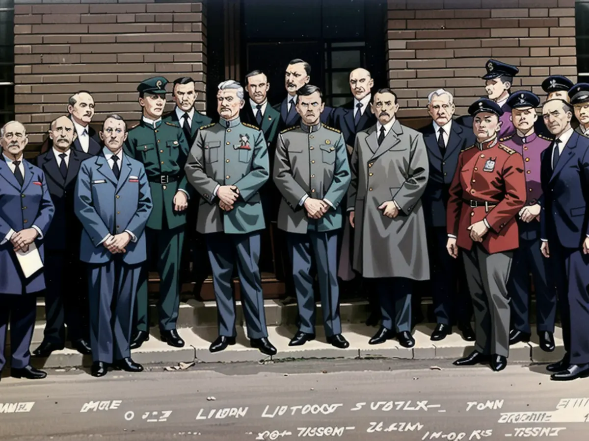 Adolf Hitler (M. in civilian clothes) and the other defendants in front of the Infantry School building in Blutenburgstraße in 1924, where the putsch trial took place. To the left of Hitler is World War II general Erich Ludendorff