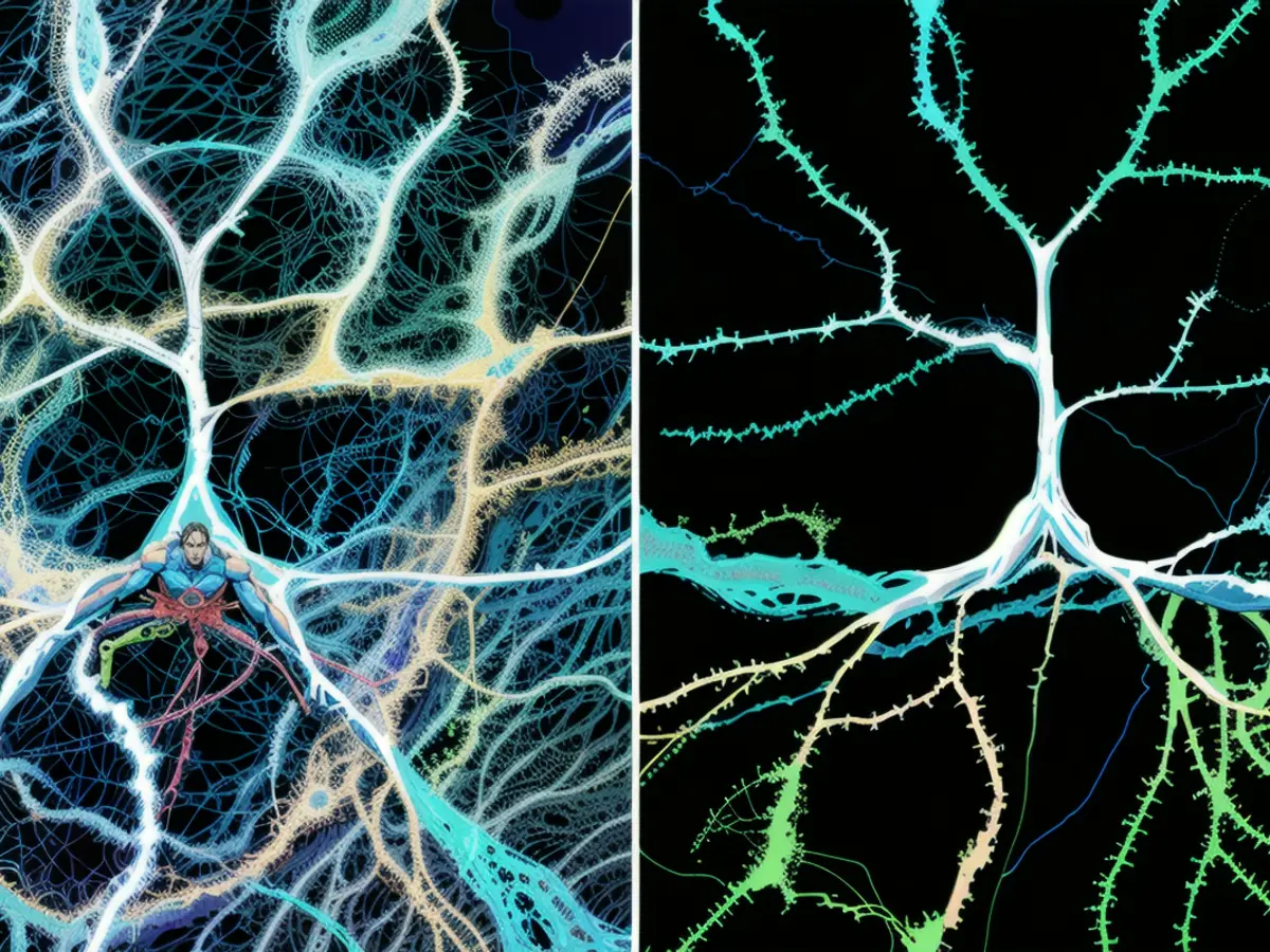 Ein einzelnes Neuron (weiß) mit 5.600 Axonen (blau), die mit ihm verbunden sind. Die Synapsen, die diese Verbindungen herstellen, sind in grün dargestellt. Der Zellkörper (zentraler Kern) des Neurons hat einen Durchmesser von etwa 14 Mikrometern.