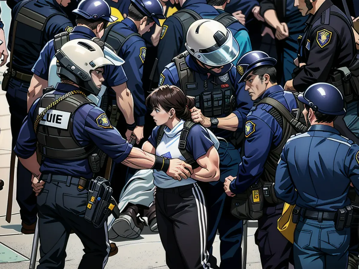 Police detain a pro-Palestinian demonstrator as they clear an encampment after students surrounded the Physical Sciences Lecture Hall at the University of California, Irvine, in Irvine, California on May 15.