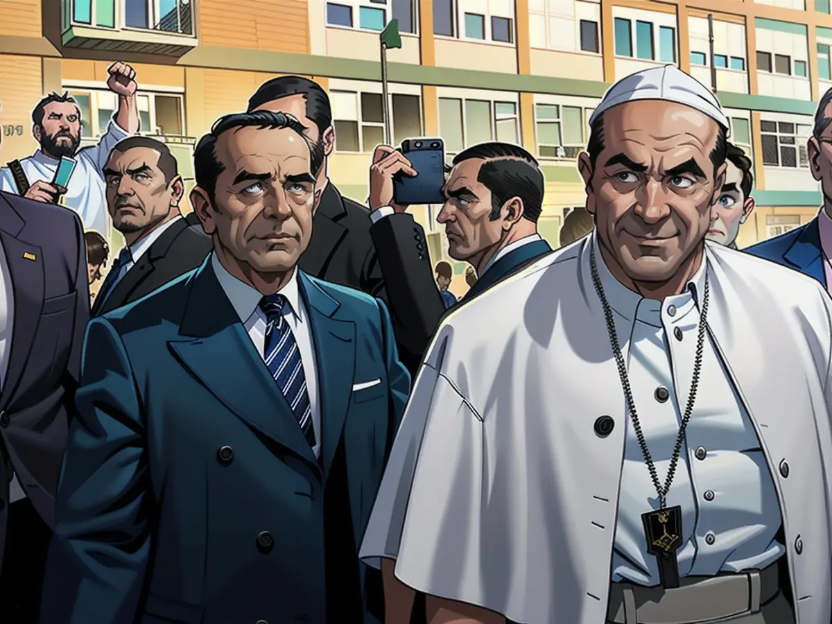 Francis as he leaves the Gemelli Clinic (in the background) with his security team in mid-June 2023