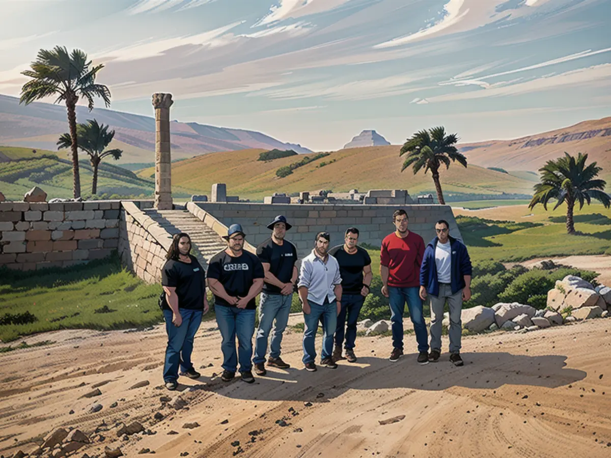 The research team stands in front of the Unas’s Valley Temple, which would have acted as a river harbor in ancient Egypt.