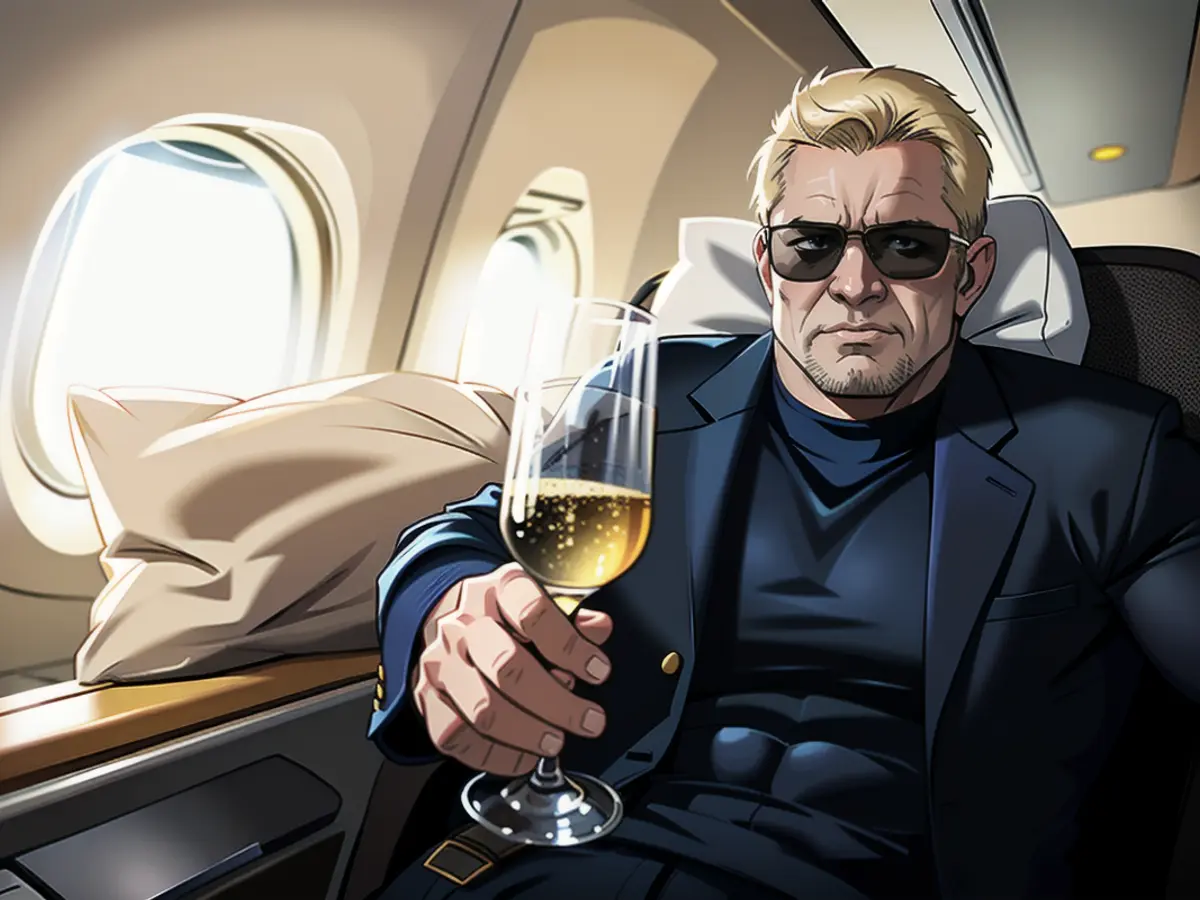 On his flight to New York in Lufthansa First Class, Heino treated himself to a glass of champagne