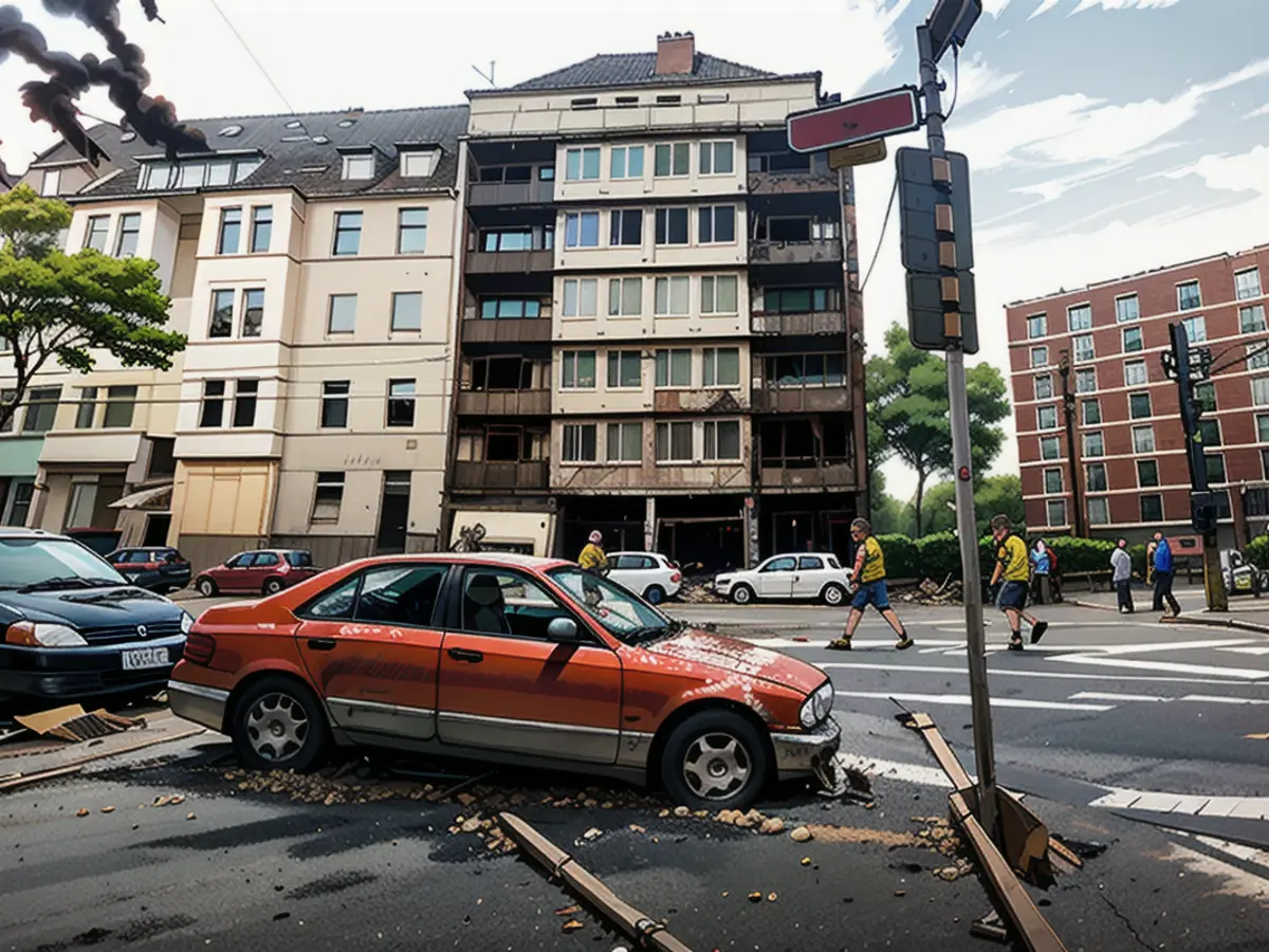 La façade du bâtiment résidentiel et commercial de Flingern-Nord est carbonisée, un taxi...