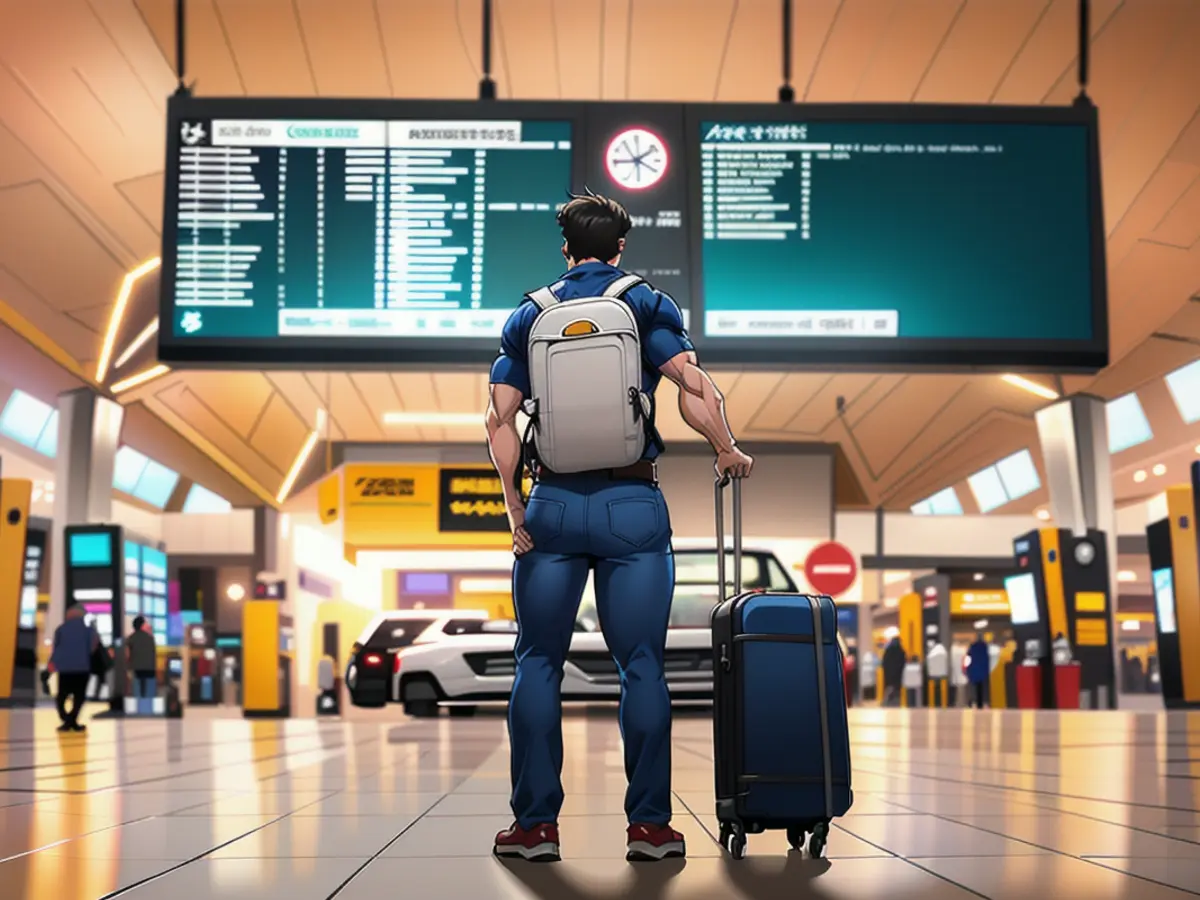 A man at the airport with a suitcase and rucksack