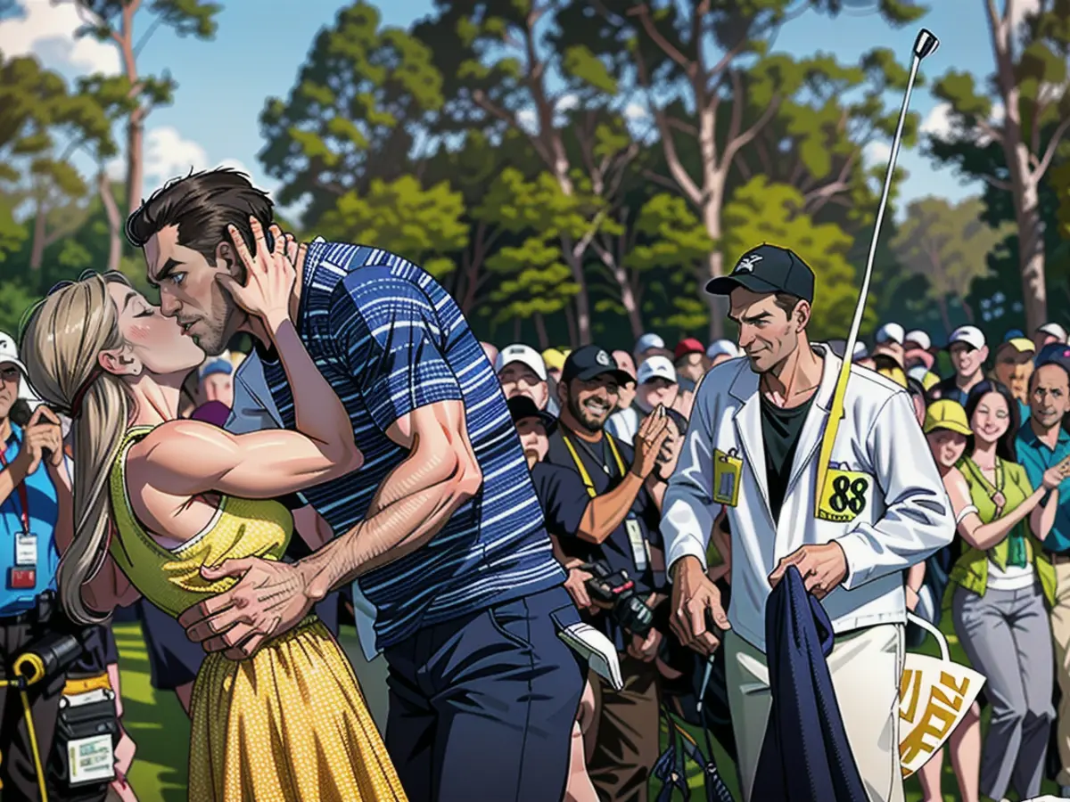 Scottie Scheffler kisses his wife Meredith Scudder after winning the 86th Masters golf tournament on Sunday, April 10, 2022, in Augusta, Ga. (AP 