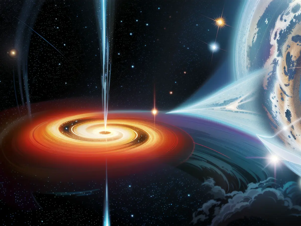 In an artist's illustration, a black hole pulls material from a companion star, forming a disc that rotates around the black hole before falling into it.