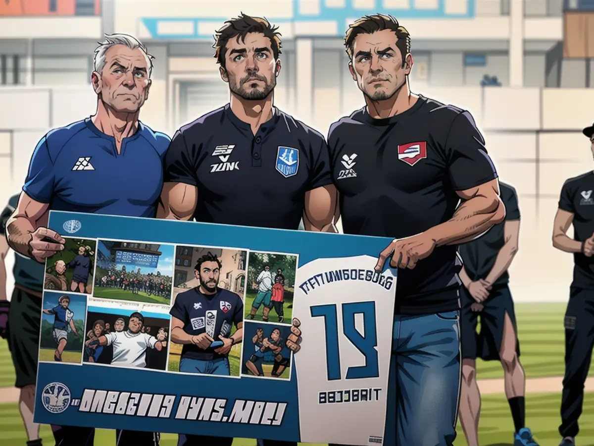 Didn't seem happy with his departure from 1 FC Magdeburg: Leon Bell Bell in the middle between Otmar Schork and Christian Titz