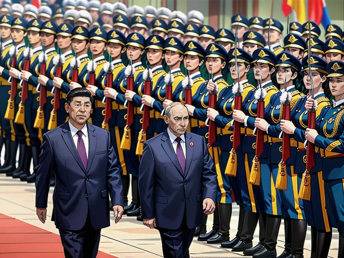 Der russische Präsident Wladimir Putin und der chinesische Staatschef Xi Jinping nehmen an einer offiziellen Begrüßungszeremonie vor der Großen Halle des Volkes auf dem Platz des Himmlischen Friedens in Peking am 16. Mai 2024 teil.