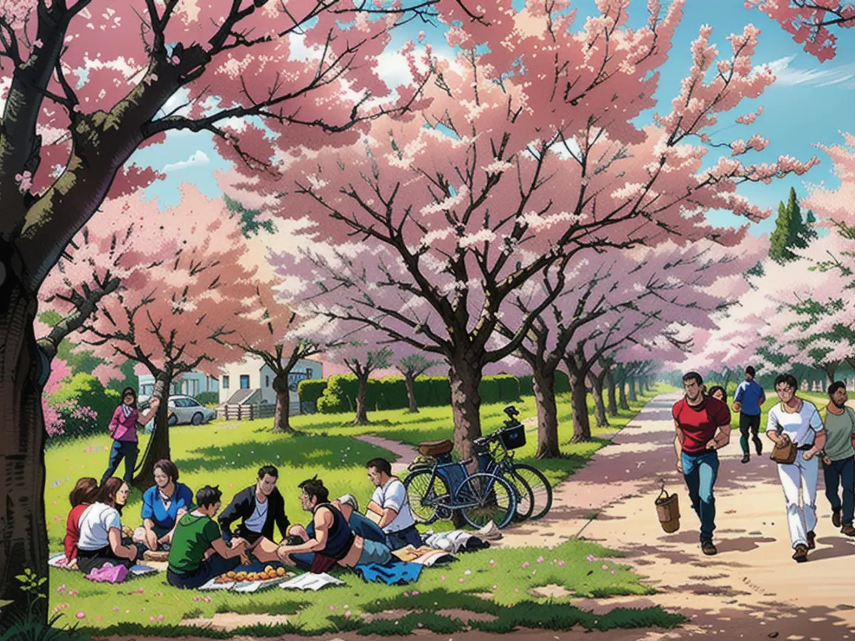 Whitsun vibe: picnic with friends under blossoming cherry trees