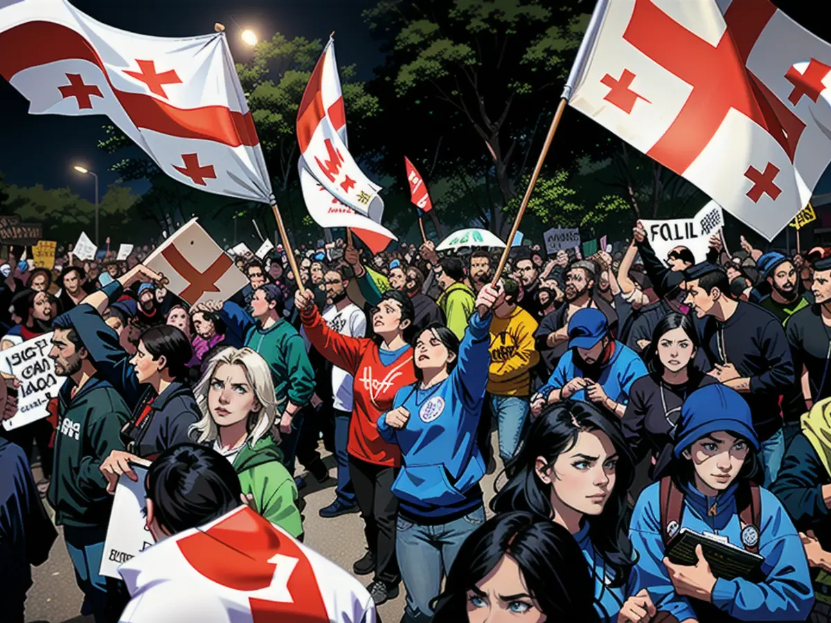 Demonstranten protestieren am 13. Mai 2024 in Tiflis, Georgien, gegen das Gesetz über ausländische Agenten.