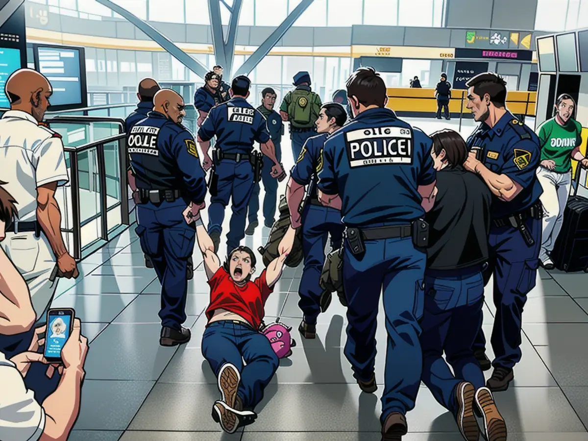 Police officers drag unruly activists out of the airport building