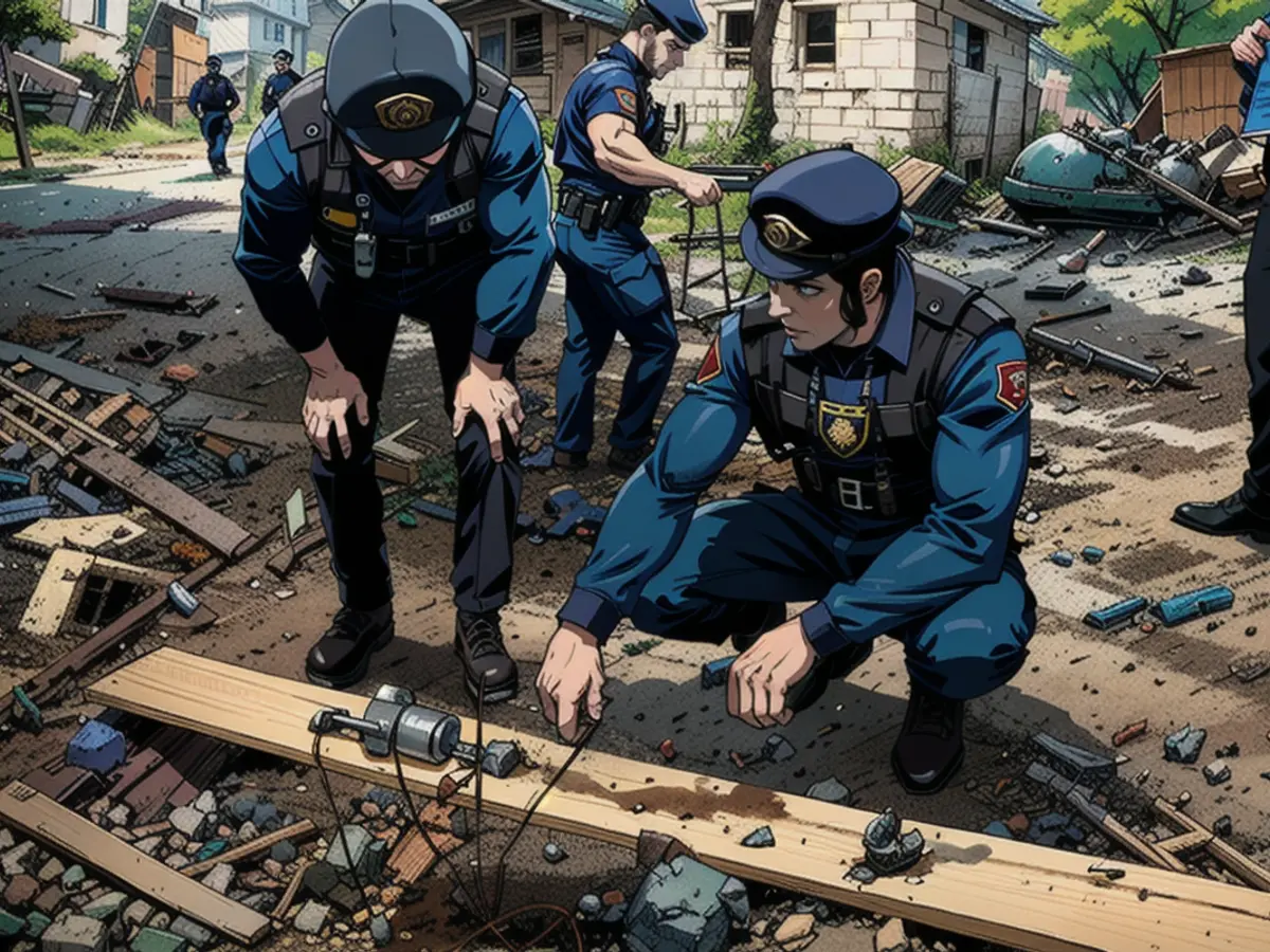 Ein ukrainischer Polizeibeamter und ein Staatsanwalt für Kriegsverbrechen inspizieren Bruchstücke einer Gleitbombe vor einem beschädigten Haus nach einem russischen Luftangriff auf ein Wohnviertel in der ostukrainischen Stadt Charkiw.