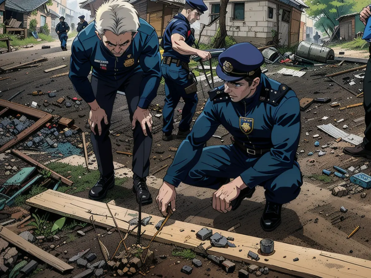 Ein ukrainischer Polizeibeamter und ein Staatsanwalt für Kriegsverbrechen inspizieren Bruchstücke einer Gleitbombe vor einem beschädigten Haus nach einem russischen Luftangriff auf ein Wohnviertel in der ostukrainischen Stadt Charkiw.