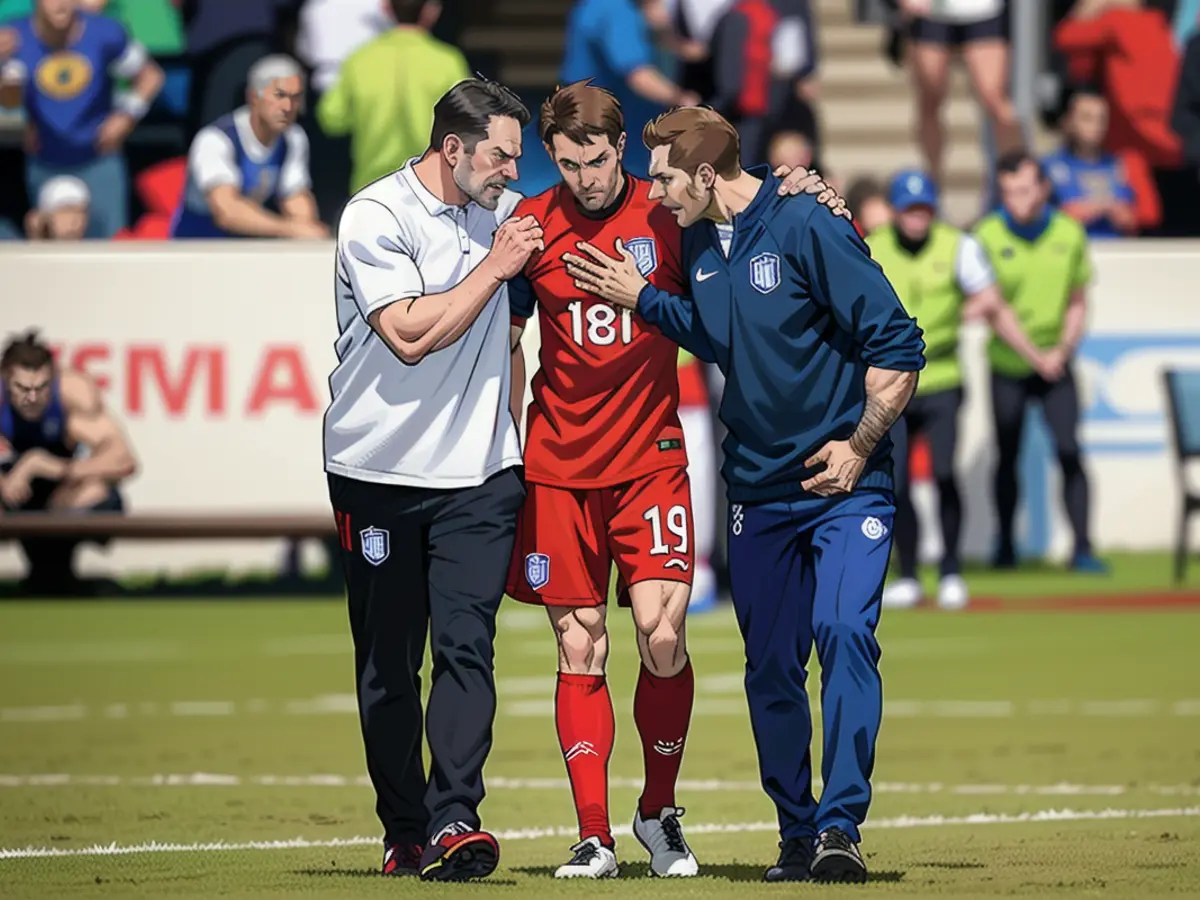 L'entraîneur d'Osnabrück Uwe Koschinat (à gauche) et le physio du Hertha Jürgen Lange sortent...