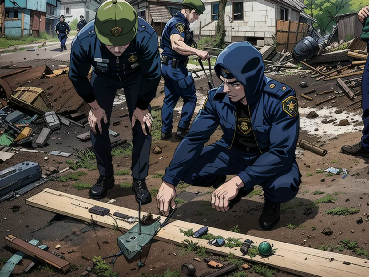 Ein ukrainischer Polizeibeamter und ein Staatsanwalt für Kriegsverbrechen inspizieren Bruchstücke einer Gleitbombe vor einem beschädigten Haus nach einem russischen Luftangriff auf ein Wohnviertel in der ostukrainischen Stadt Charkiw.