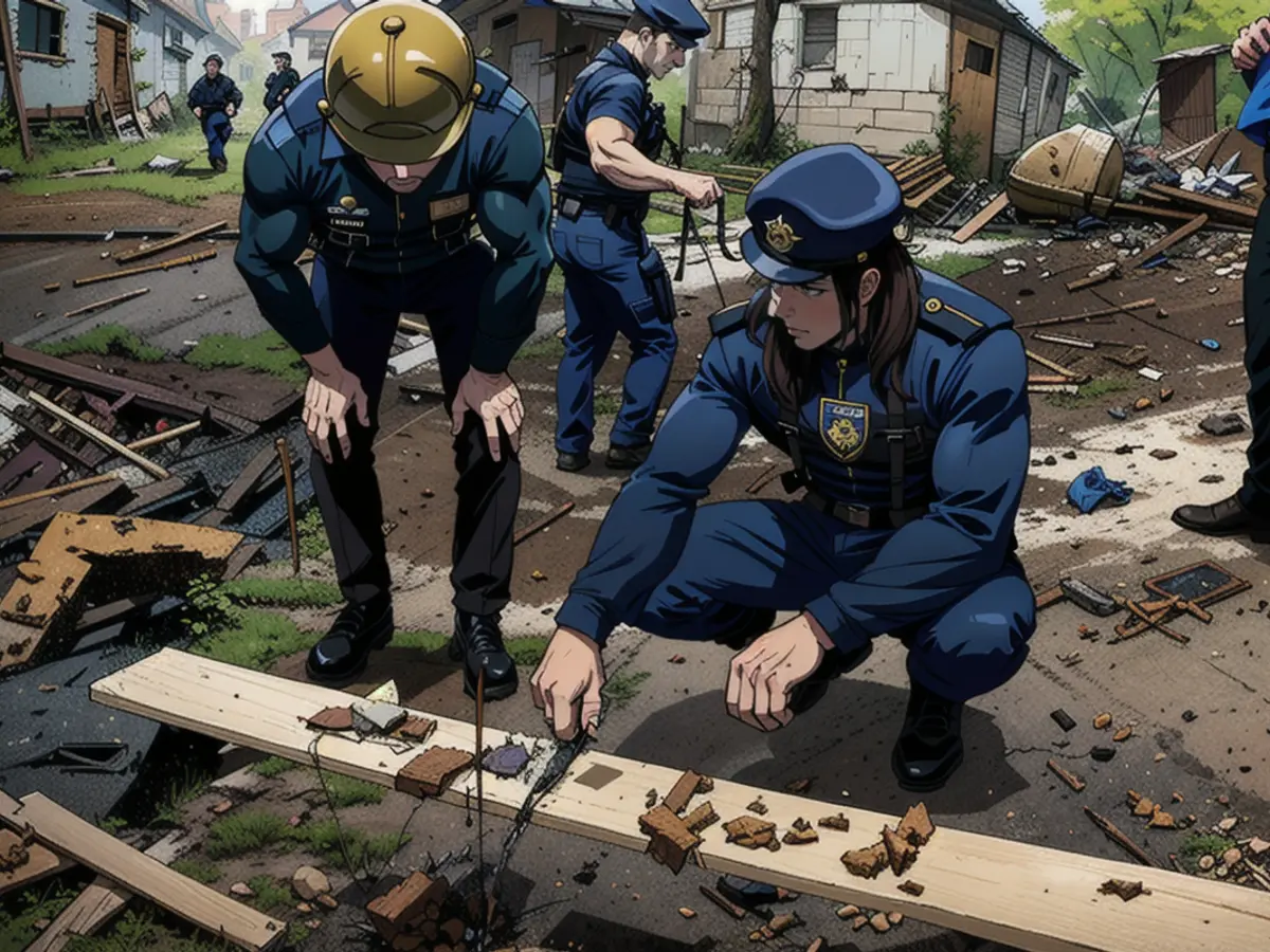 Ein ukrainischer Polizeibeamter und ein Staatsanwalt für Kriegsverbrechen inspizieren Bruchstücke einer Gleitbombe vor einem beschädigten Haus nach einem russischen Luftangriff auf ein Wohnviertel in der ostukrainischen Stadt Charkiw.