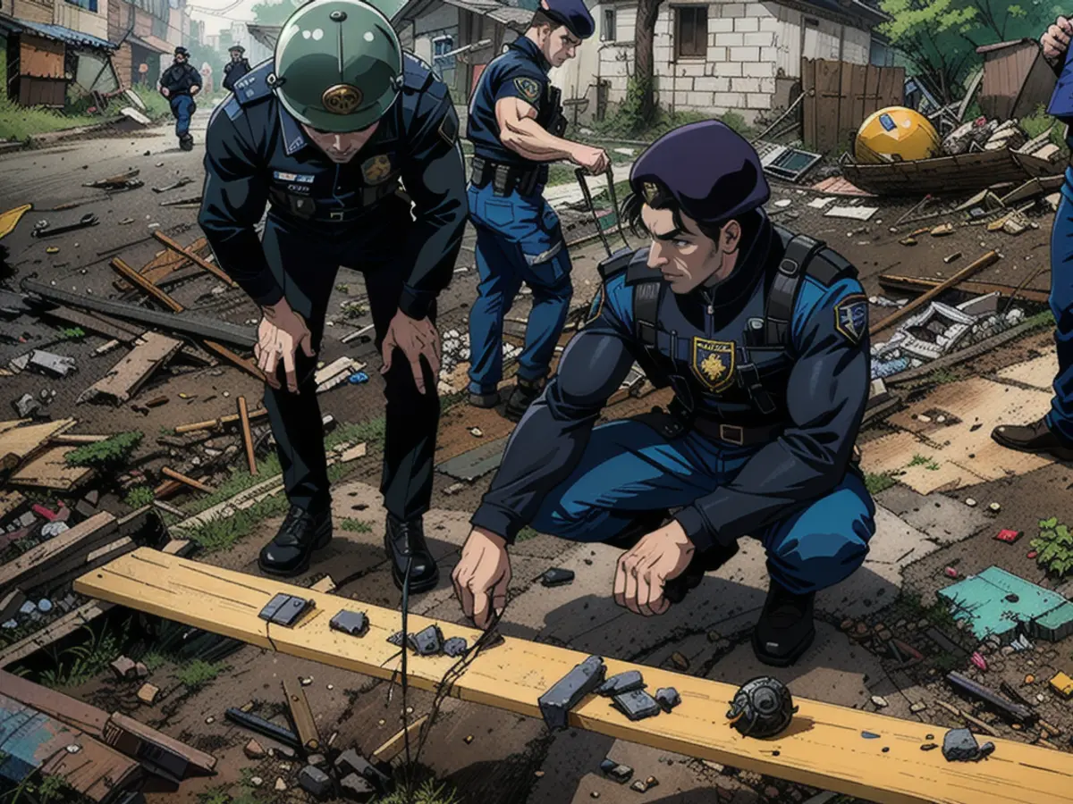 Ein ukrainischer Polizeibeamter und ein Staatsanwalt für Kriegsverbrechen inspizieren Bruchstücke einer Gleitbombe vor einem beschädigten Haus nach einem russischen Luftangriff auf ein Wohnviertel in der ostukrainischen Stadt Charkiw.