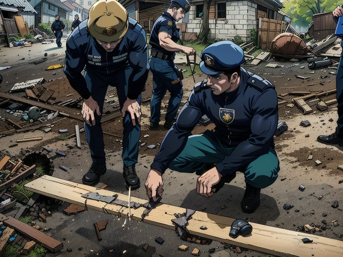 Ein ukrainischer Polizeibeamter und ein Staatsanwalt für Kriegsverbrechen inspizieren Bruchstücke einer Gleitbombe vor einem beschädigten Haus nach einem russischen Luftangriff auf ein Wohnviertel in der ostukrainischen Stadt Charkiw.