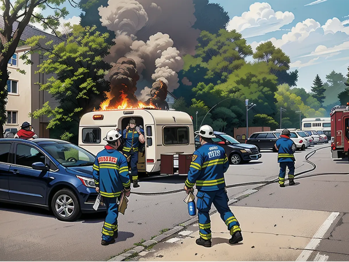 Des flammes s'échappent de la caravane, les pompiers éteignent l'incendie.