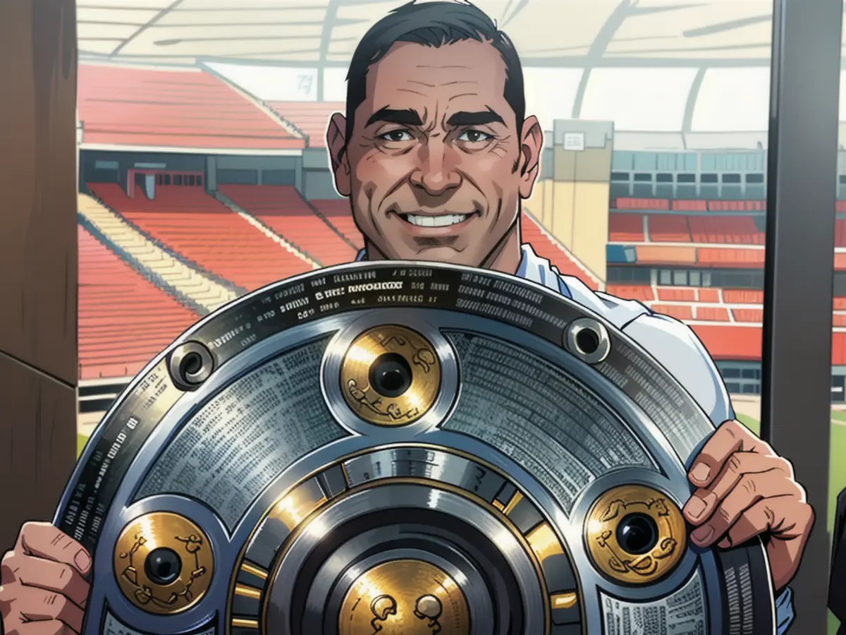 Leverkusen boss Fernando Carro brought the championship trophy to the interview with BILD SPORT