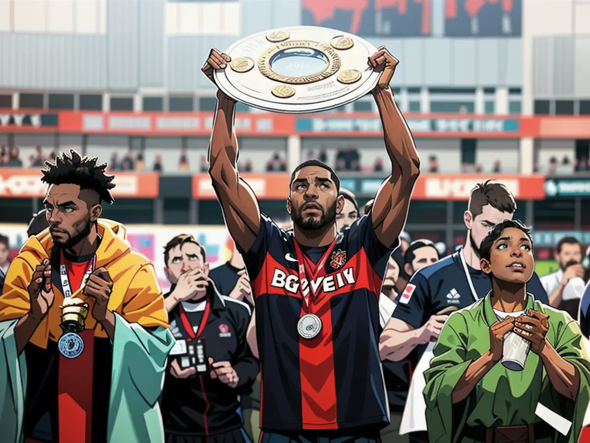 Le défenseur de Leverkusen Jonathan Tah brandit le trophée du championnat