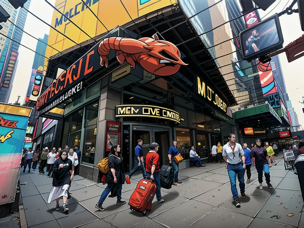 Menschen gehen am 15. Mai 2024 an einem Red Lobster Fischrestaurant am Times Square in New York vorbei.