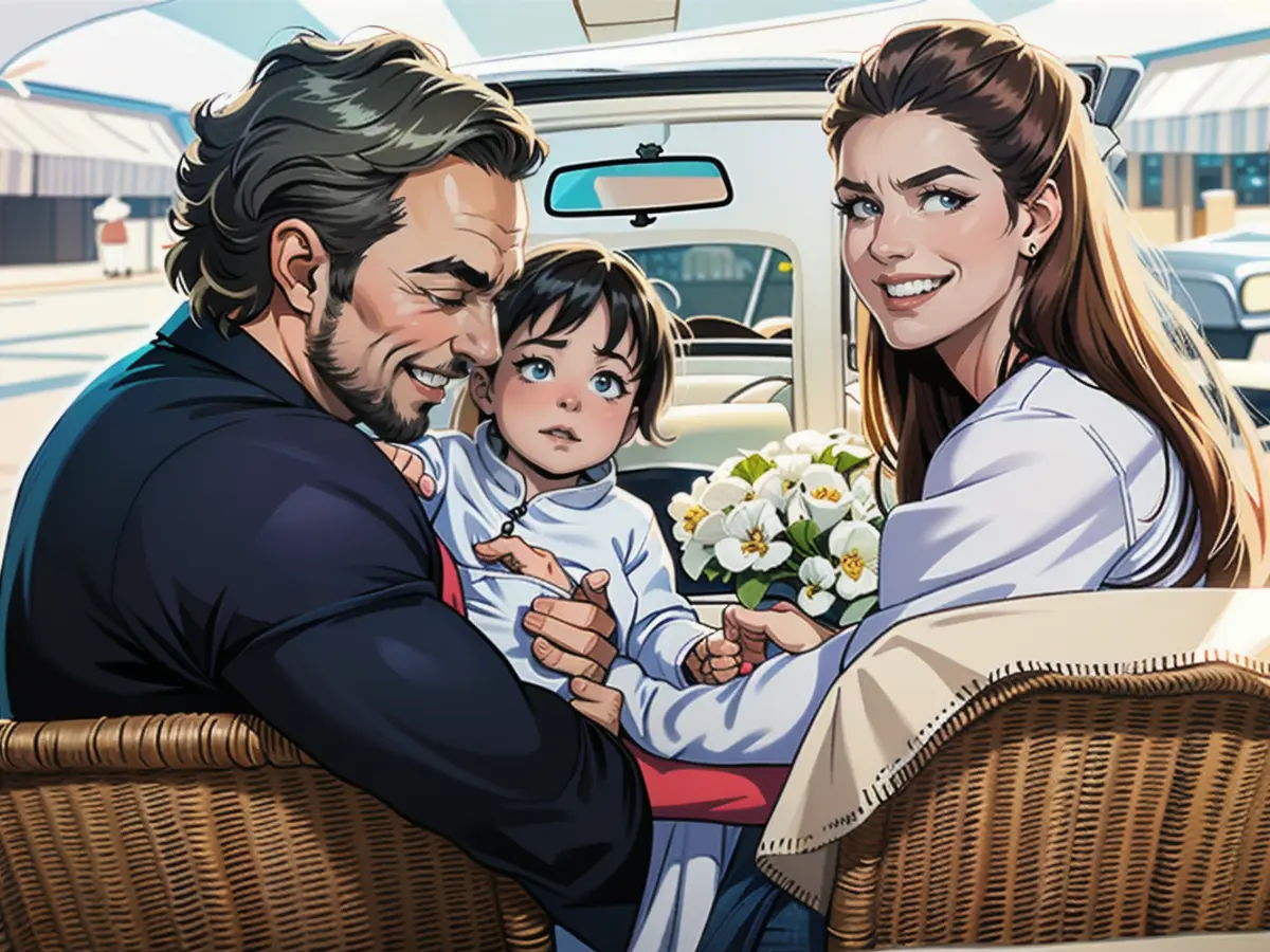 Intimate moment of happiness: Alexander with son Otto and wife Gabriella on wicker chairs in a vintage Fiat car