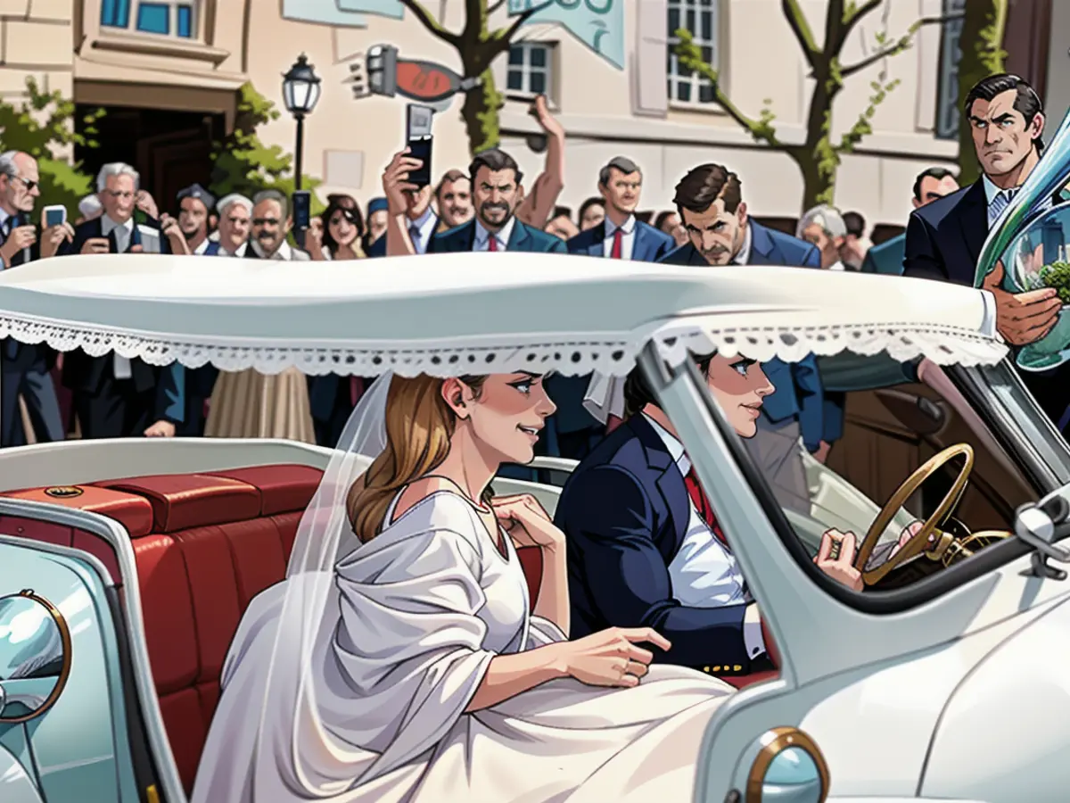 The groom drives the bride to the reception at the Stadtpalais in a 1970 Fiat 600 Jolly Ghia