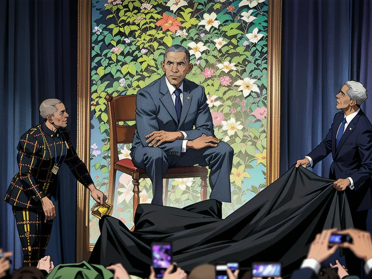 Kehinde Wiley und der ehemalige Präsident Barack Obama enthüllen sein Präsidentenporträt während einer Zeremonie in der Smithsonian's National Portrait Gallery, am 12. Februar 2018 in Washington, DC.