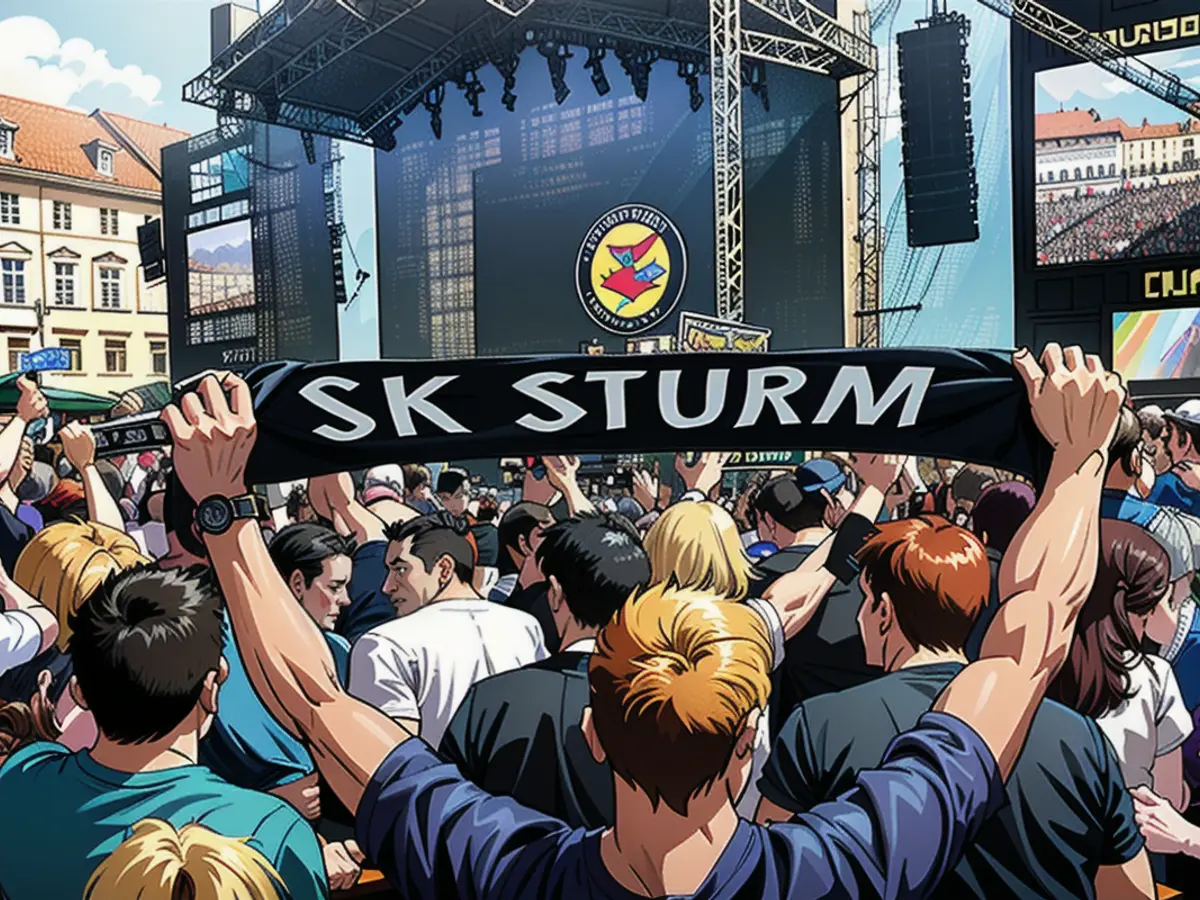 Sturm fans celebrate the championship title on the main square in Graz.