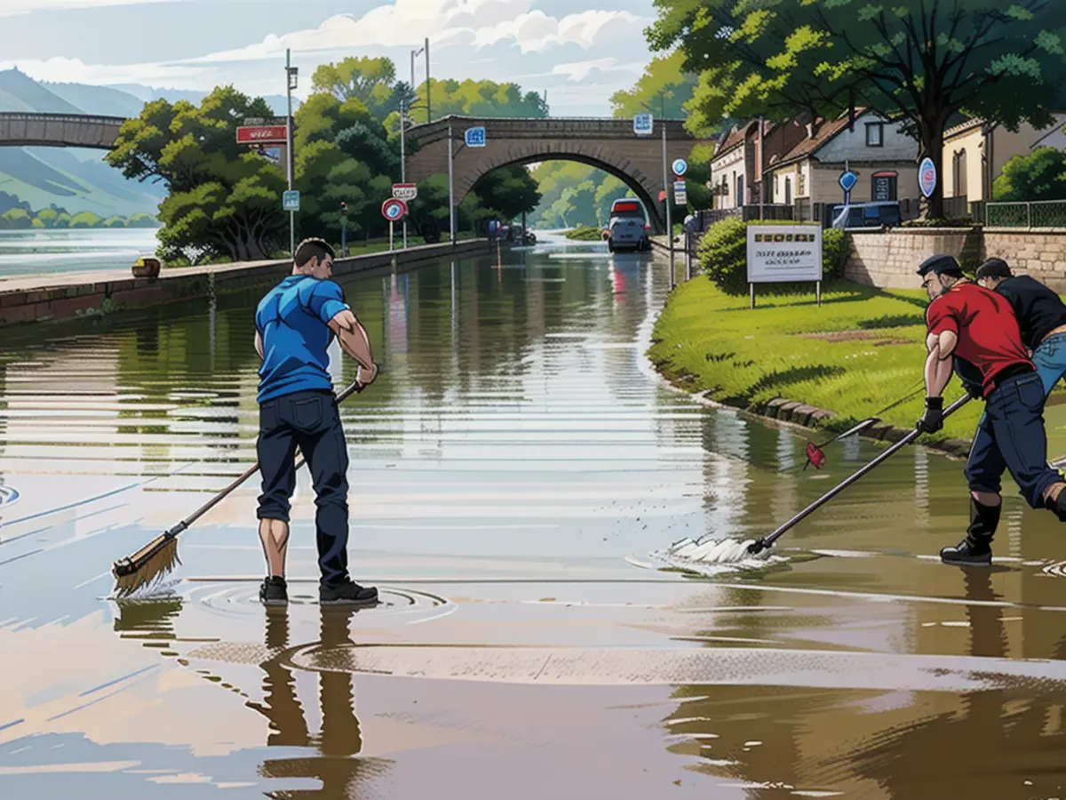 Des habitants nettoient les rues du quartier de Güls à Coblence après les inondations de la...