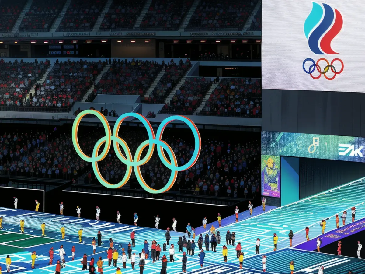 Athletes from the ROC enter the stadium in Beijing, China on February 2022.