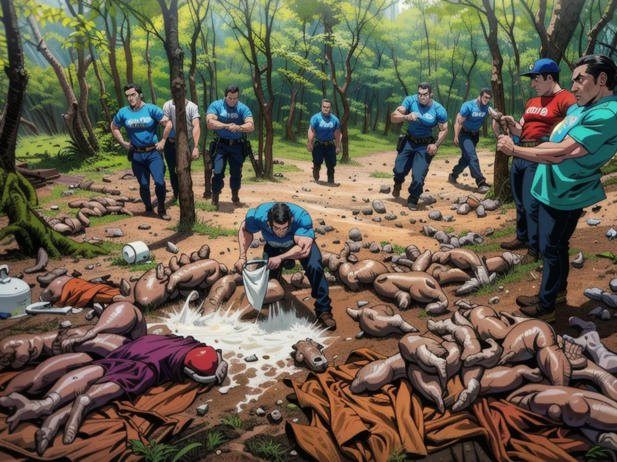 Ein Mitarbeiter des Katastrophenschutzes gießt am 18. Mai 2024 in Buena Vista, Comalcalco, Mexiko, Kalk über die Körper von Affen.