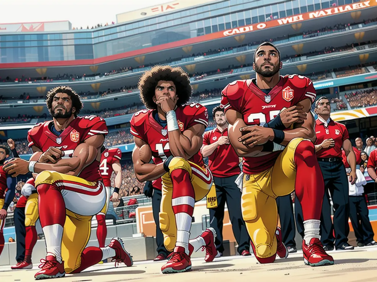 Die Spieler der San Francisco 49ers Eli Harold, links, Colin Kaepernick und Eric Reid knien während der Nationalhymne vor einem NFL-Spiel in Santa Clara, Kalifornien, am 2. Oktober 2016.