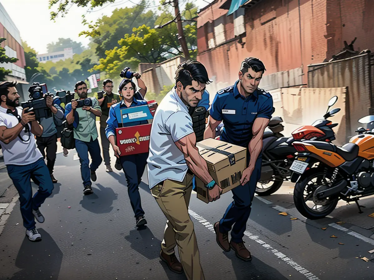 Security officers after a raid at the office of NewsClick in New Delhi, India, Tuesday, Oct. 3, 2023.