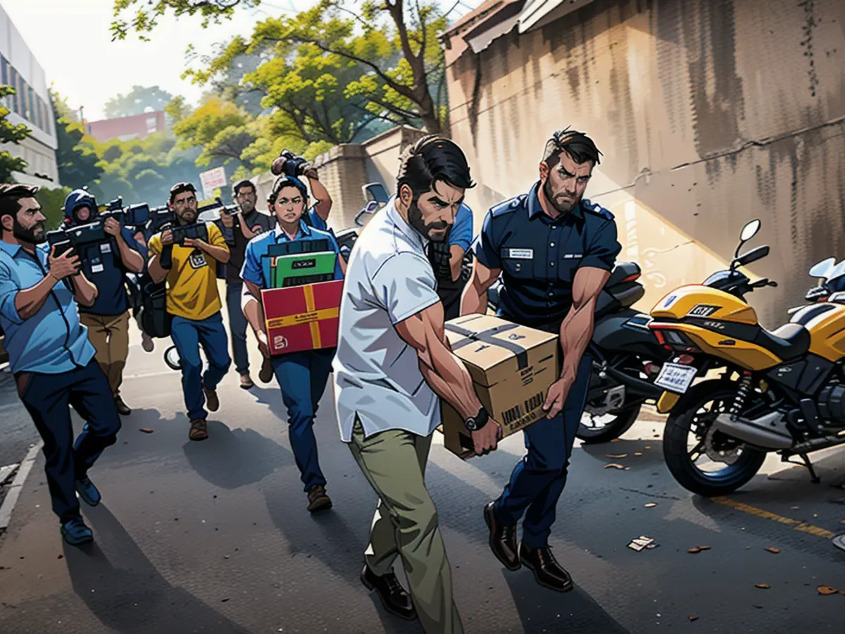 Security officers after a raid at the office of NewsClick in New Delhi, India, Tuesday, Oct. 3, 2023.