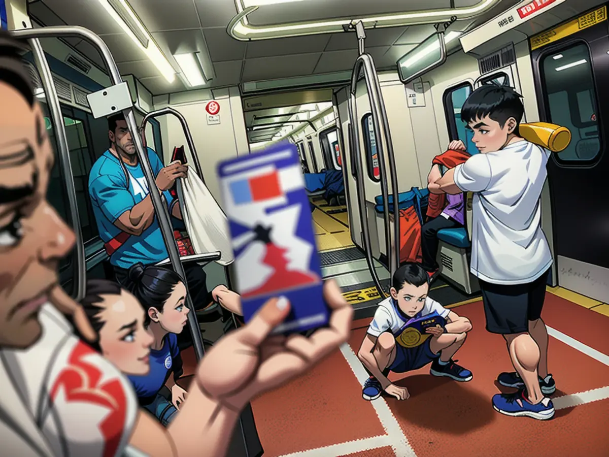 Children pose on a sports-themed Metro train in Taipei, marking the city's status as host of the 2017 Summer Universiade, an international sports event for university athletes.