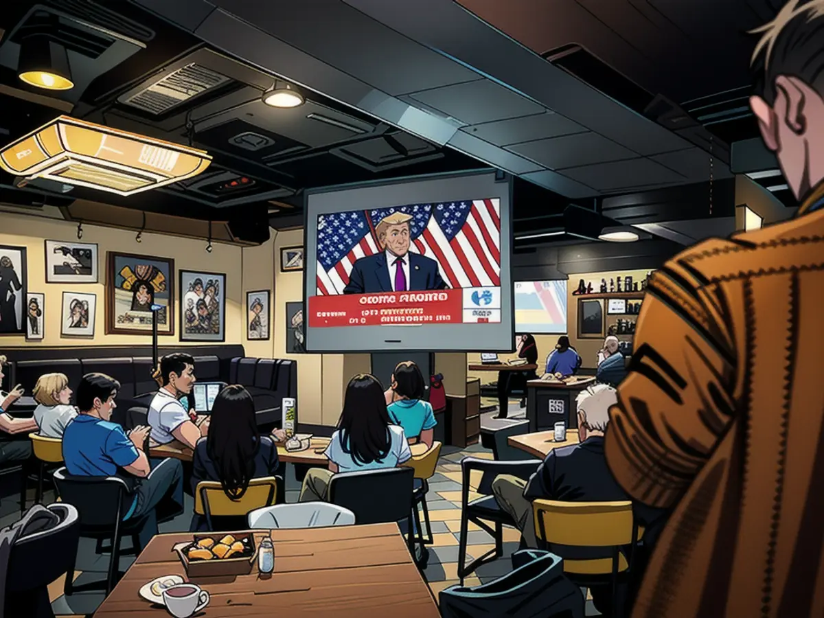 People in a Taipei bar watch former president Donald Trump speaking after he was defeated by Joe Biden in the 2020 presidential election. Four years later, both men will again go head-to-head in November's election.