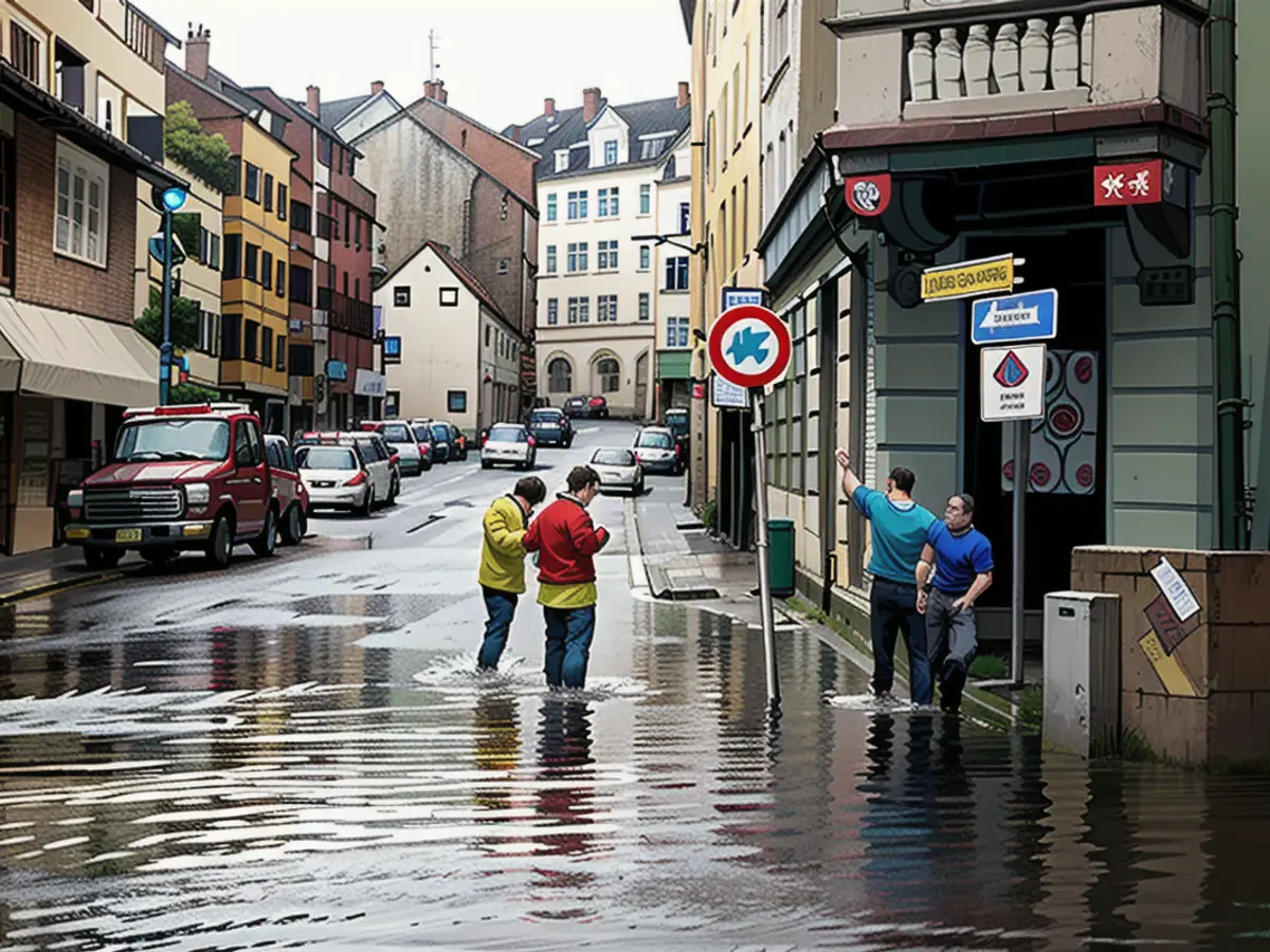 Wuppertal (NRW) mardi soir : une rue est sous l'eau après de fortes pluies. Les pompiers ont été...