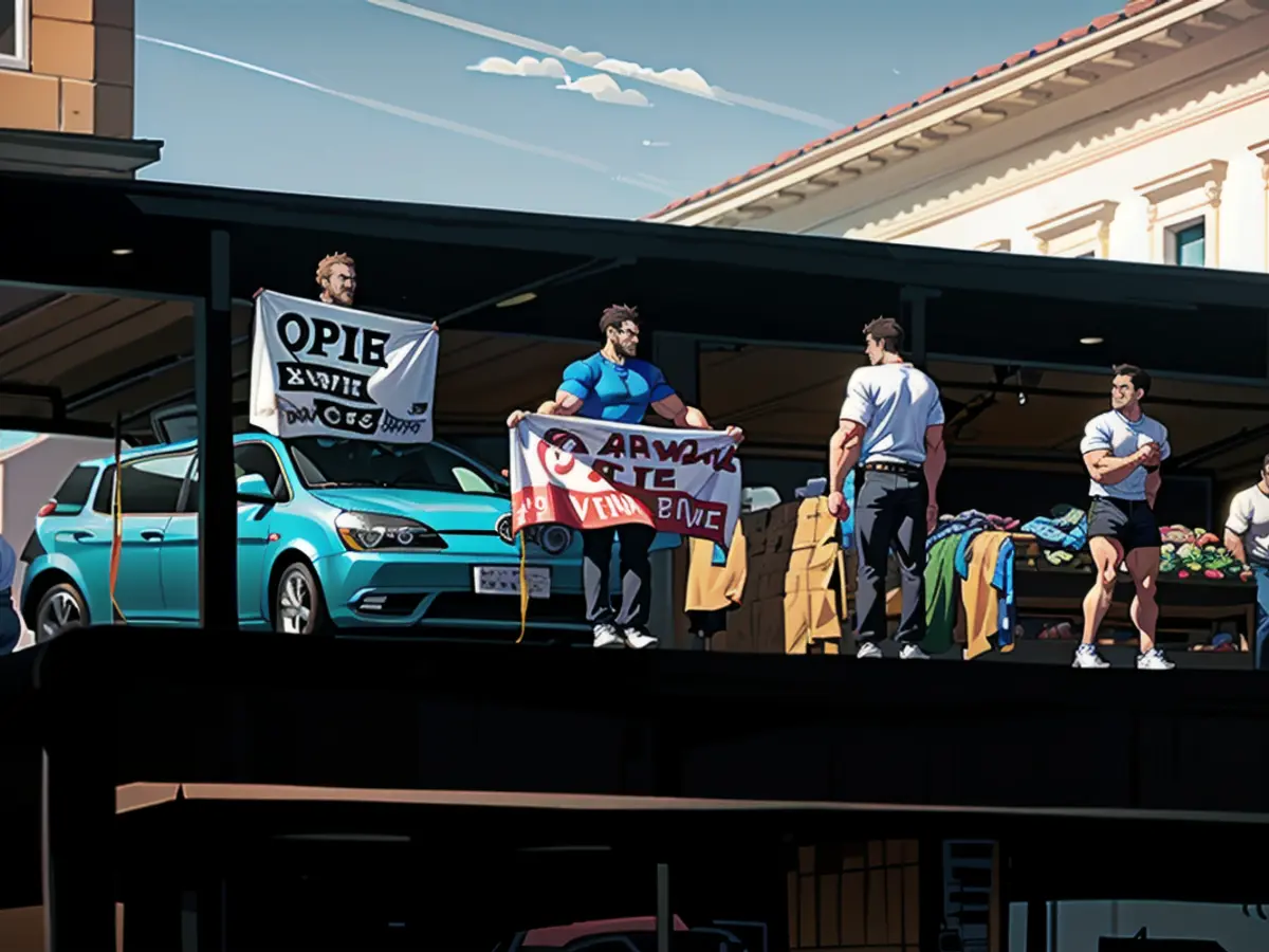 "Cosimo" (à gauche) s'est assis avec une bannière sur le toit de la voiture lors du "VW Open Space"...